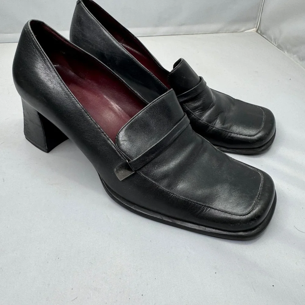VTG Y2K Chunky Heeled‎ Loafers Womens 8M Black Leather Square Toe Witchy Goth